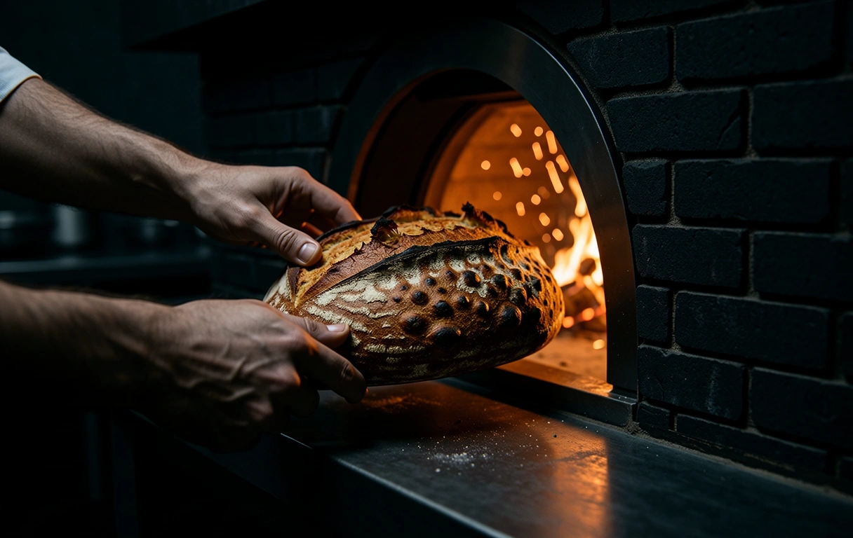 Artisanal hot sandwich toasting in a hearth oven