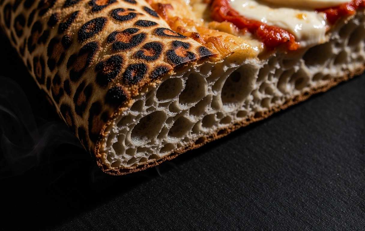 Internal crumb structure of hearth-baked pizza