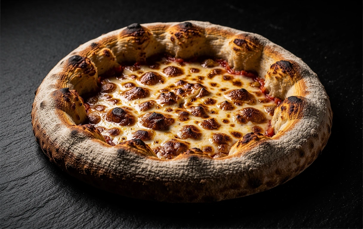 Macro shot of artisanal pizza crust in a stone oven